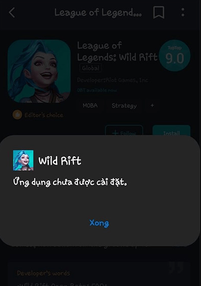Lỗi ứng dụng chưa được cài đặt Wild Rift